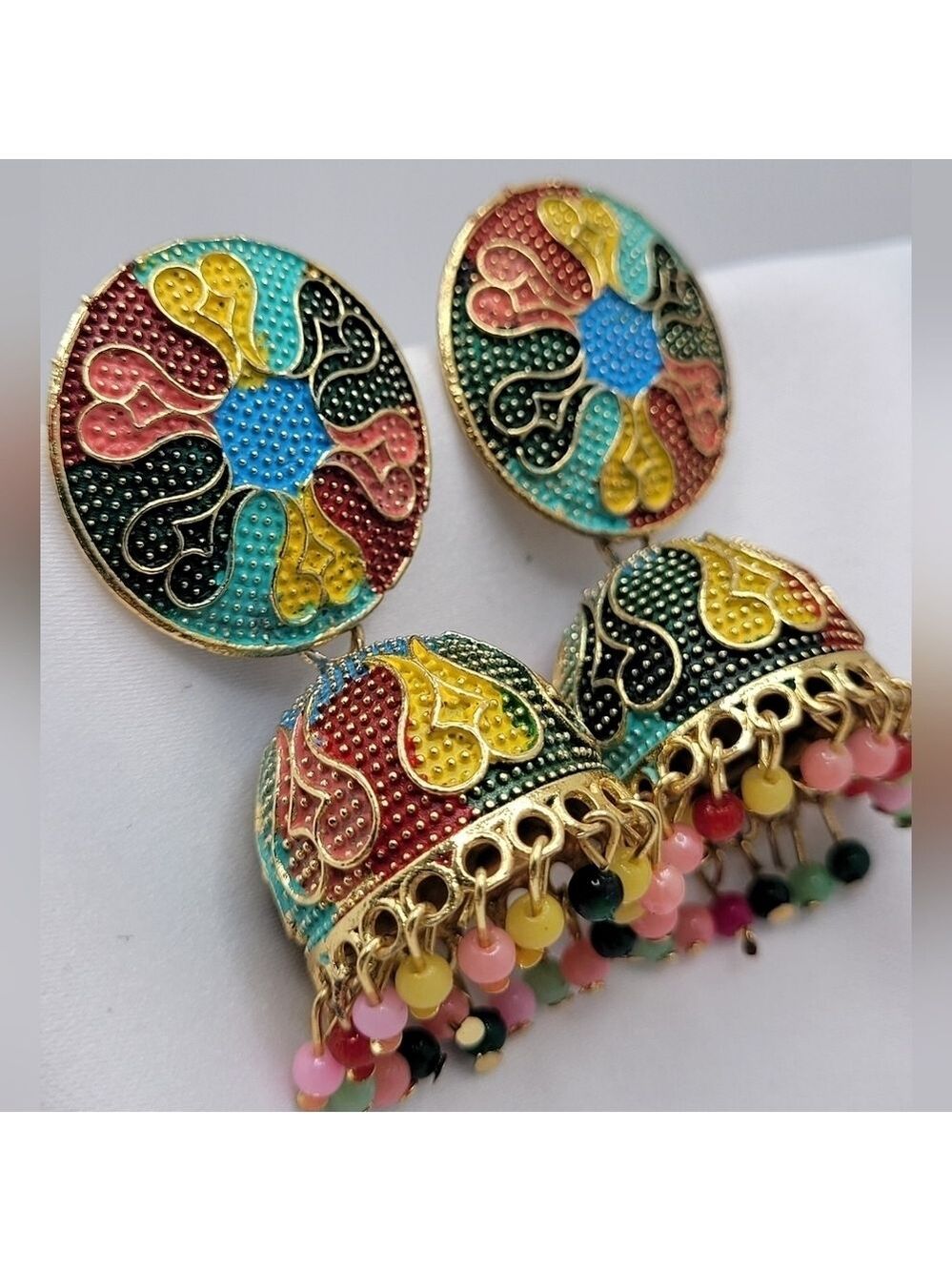 ✨2/$10✨ Gold Jhumki Earrings with Multicolor Beads Ethnic Statement Jewelry - Picture 3 of 11
